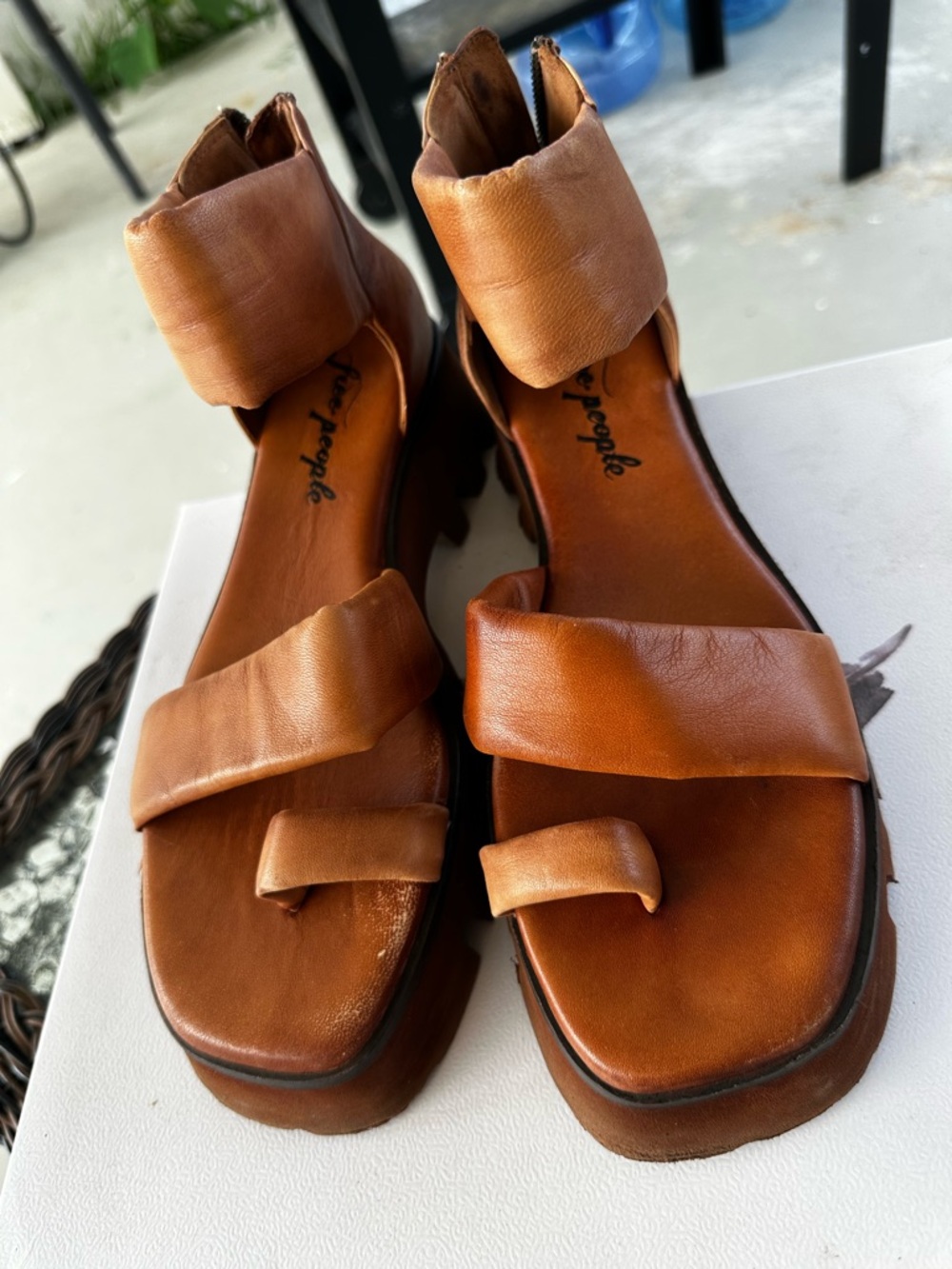 Free People Tan Leather Slide Sandal with Ankle Cuff